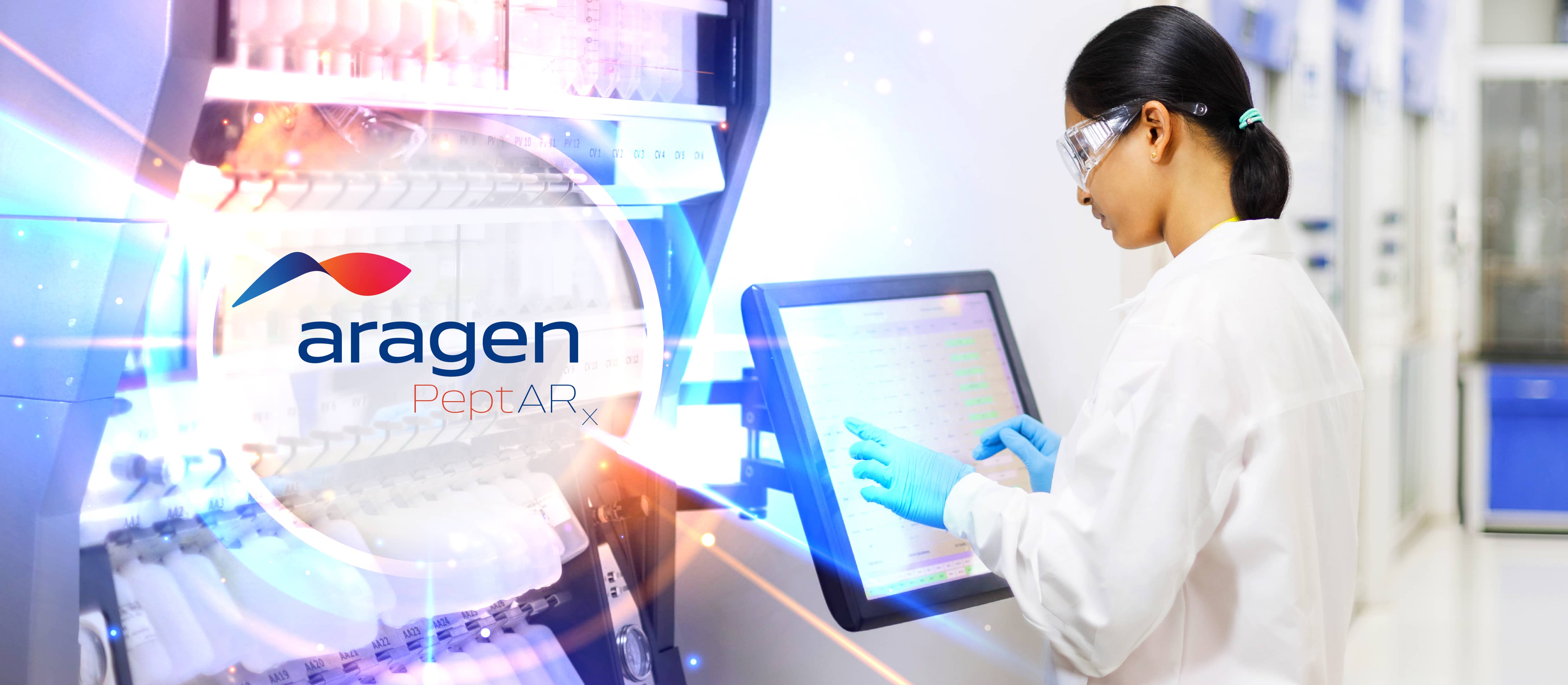 Aragen PeptAR peptide platform: scientist operating a touchscreen on an automated peptide synthesizer
