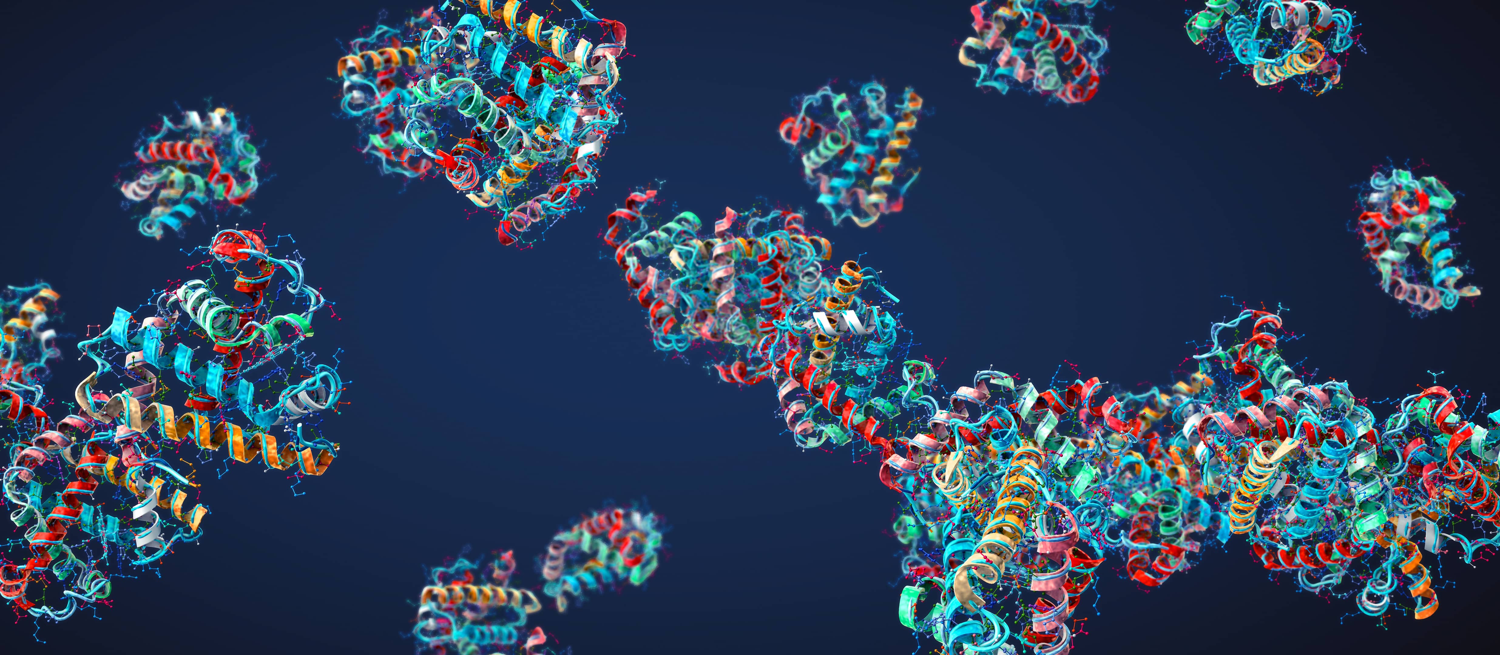 3D ribbon renderings of protein structures on a dark blue background