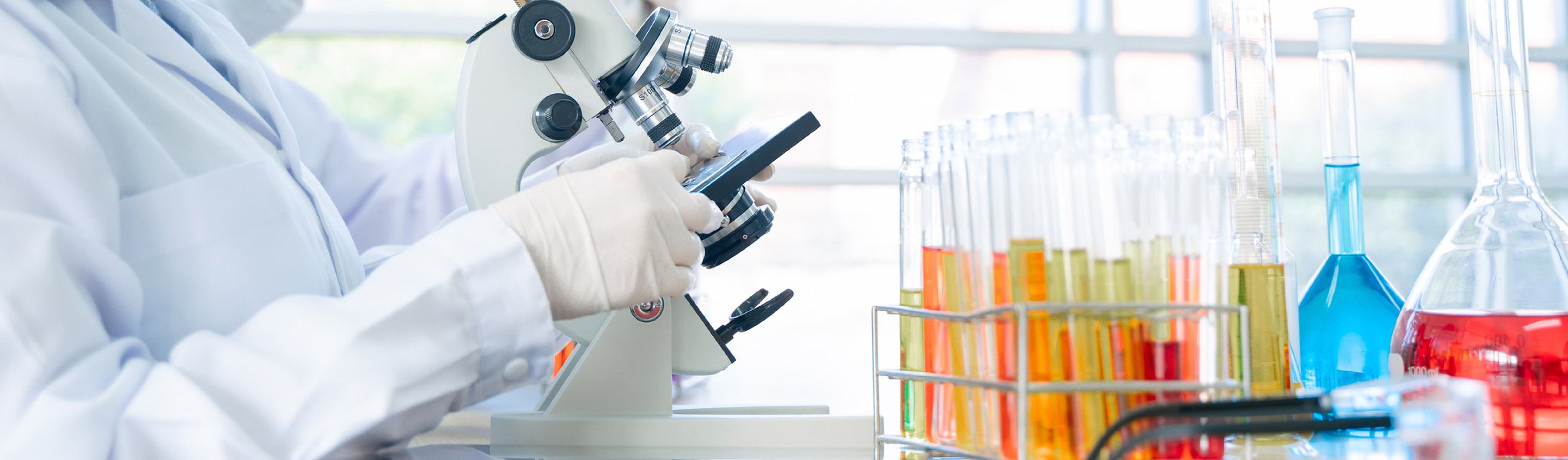 Scientist in lab coat examining coloured samples in test tubes beside a microscope in an Aragen development lab