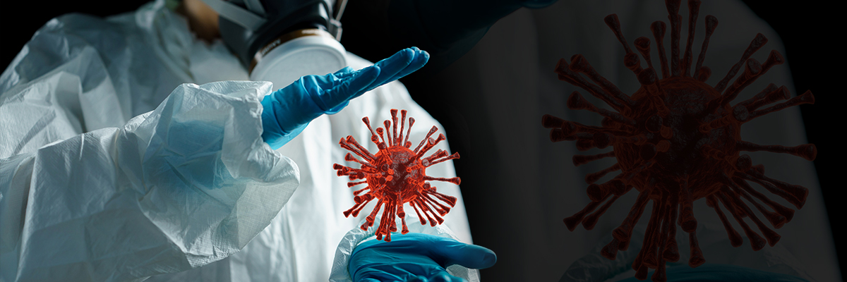 Scientist in protective suit and gloves examining a sample with red 3D virus renders, representing virus production
