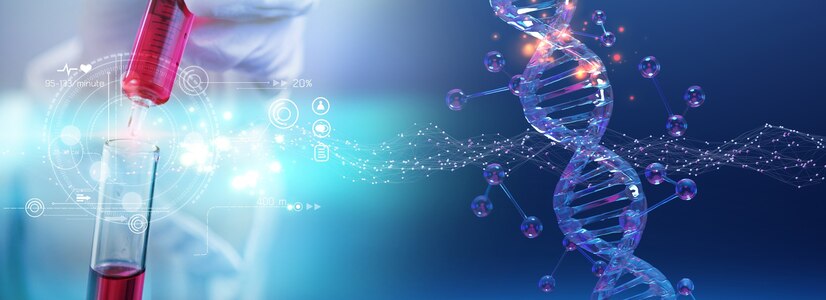 Abstract scientific illustration of a DNA double helix, molecules and a test tube in blue light