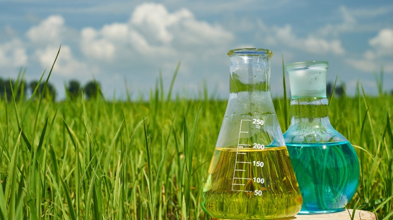 Two Erlenmeyer flasks of green and blue liquid standing in a grass field under a blue sky