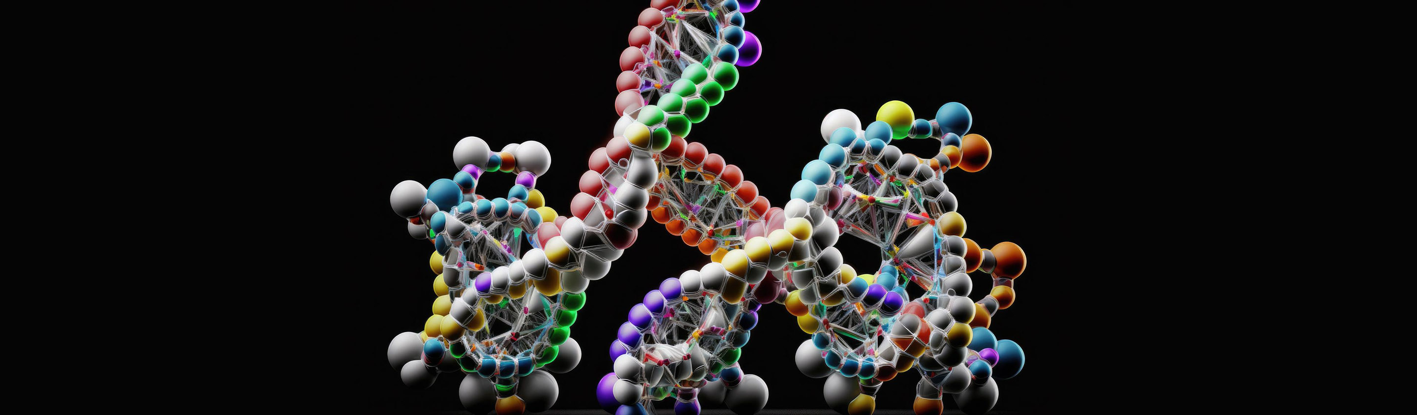 3D render of an oligonucleotide molecule in multicolour ball-and-stick form on a black background