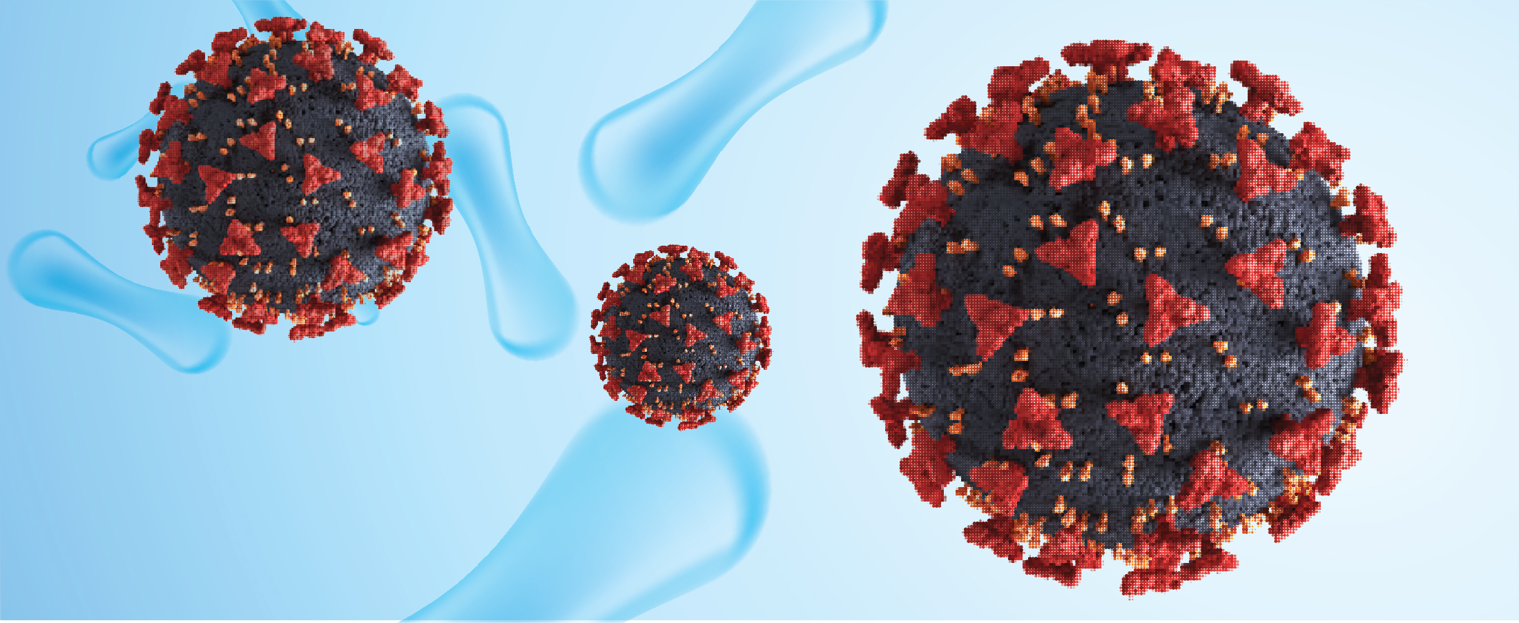 3D render of respiratory syncytial virus particles with red surface proteins on a blue background