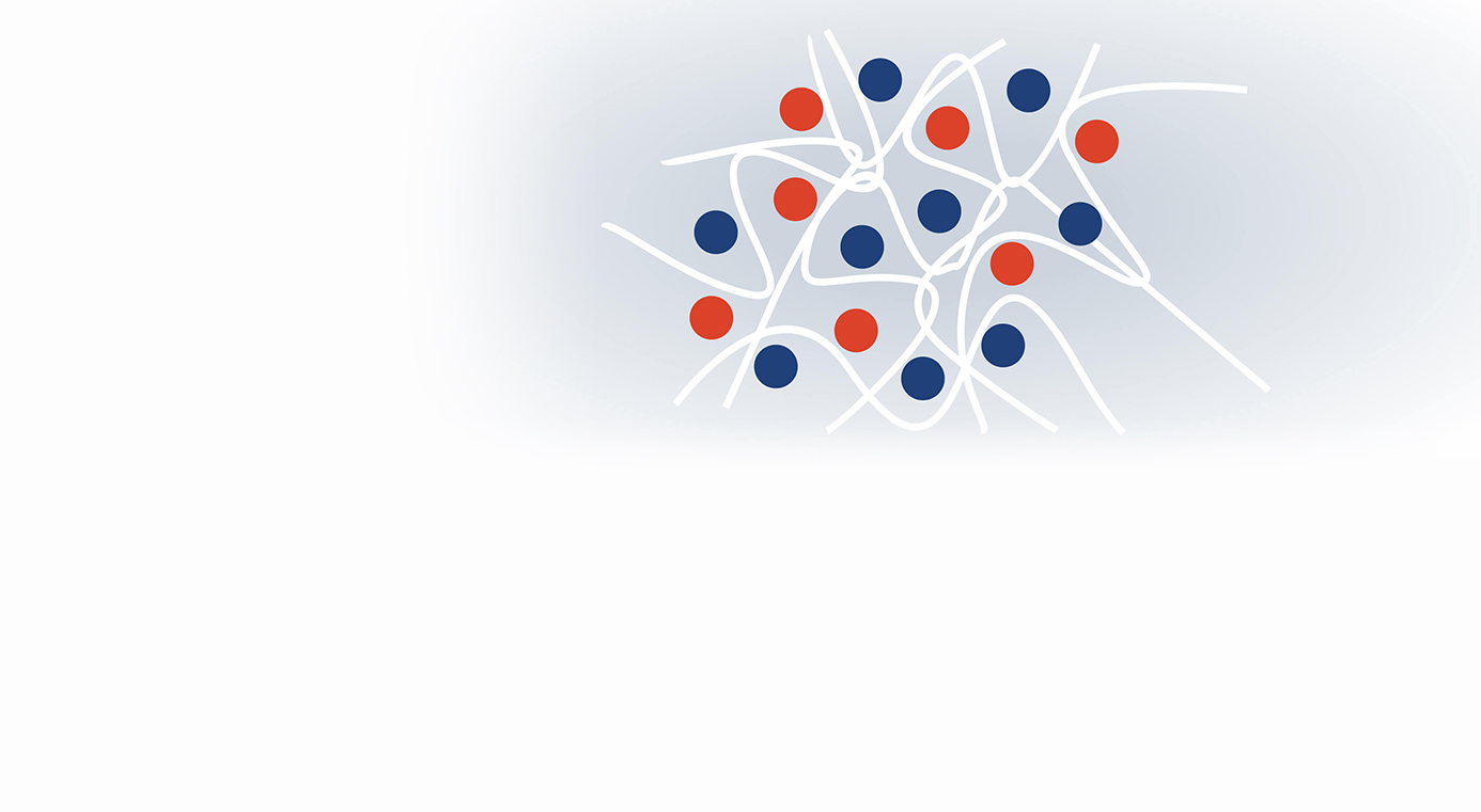 Illustration of red and blue drug molecules dispersed in a white polymer network