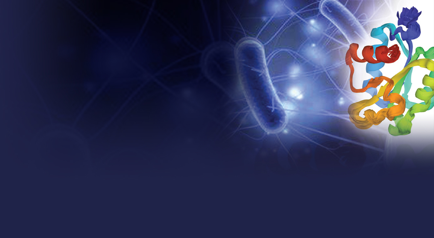 Illustration of a rainbow ribbon protein structure and a translucent cell on a dark blue background