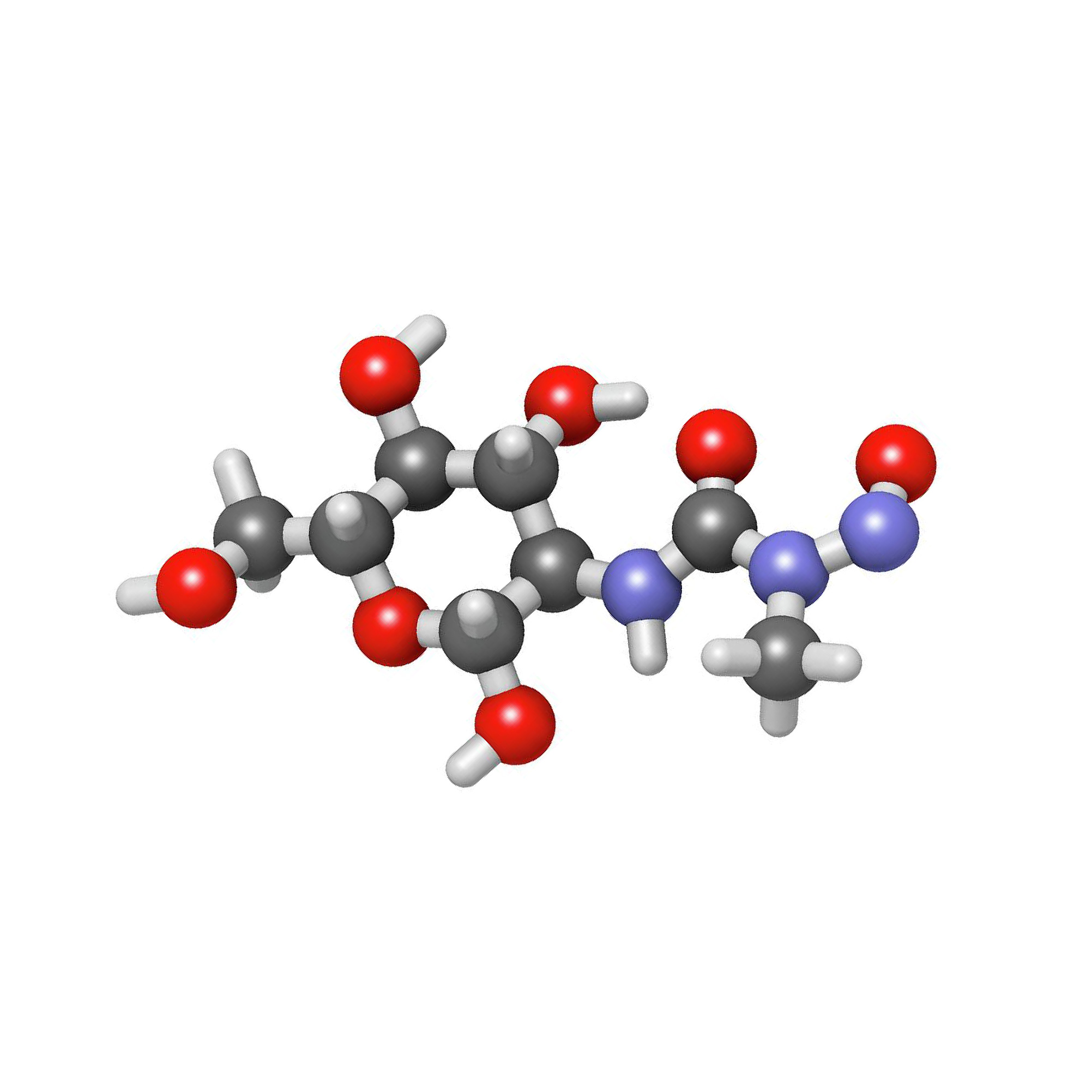 3D ball-and-stick model of the streptozotocin molecule