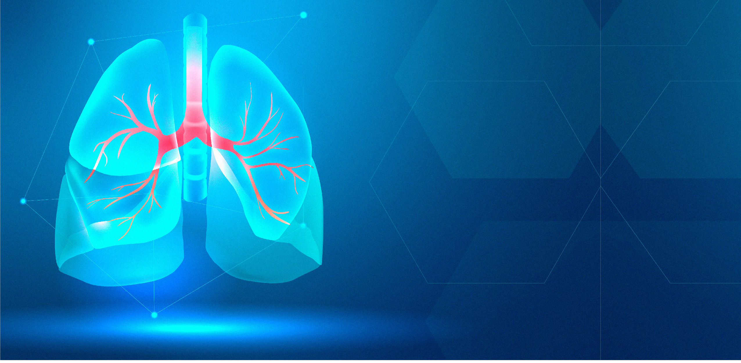 Glowing blue illustration of human lungs with red bronchial tree, representing inhalation pharmacokinetics