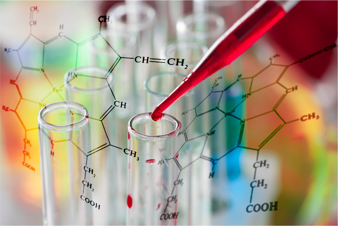 Pipette adding red liquid to test tubes with chemical structure diagrams overlaid in rainbow colours