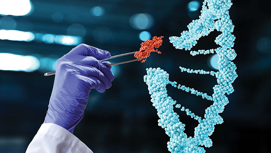 Gloved hand using tweezers to place a red segment onto a blue 3D DNA helix, representing genetic toxicity testing