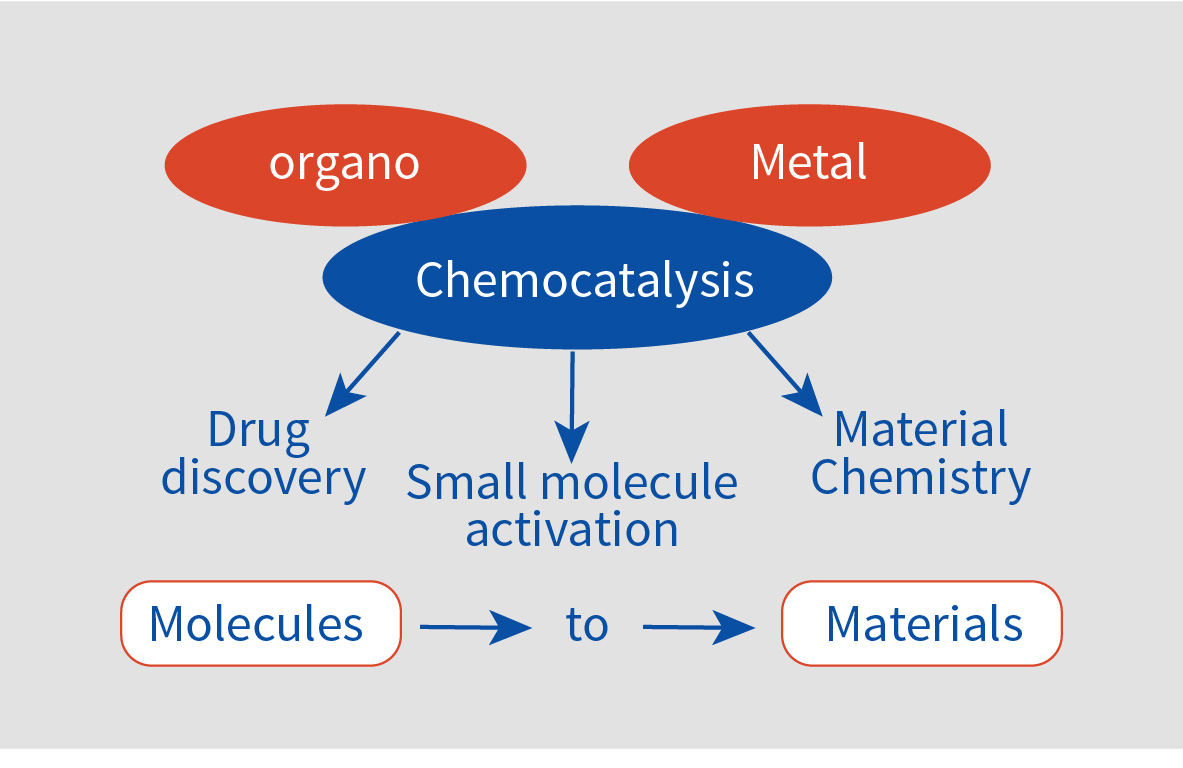 Chemocatalysis diagram: organo and metal catalysis applied to drug discovery, small molecule activation and material chemistry, from molecules to materials
