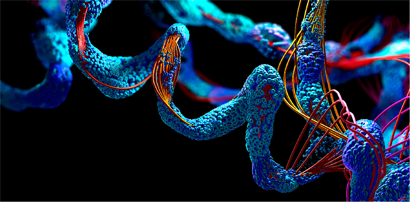 3D render of DNA and protein strands in blue, red and yellow on a black background