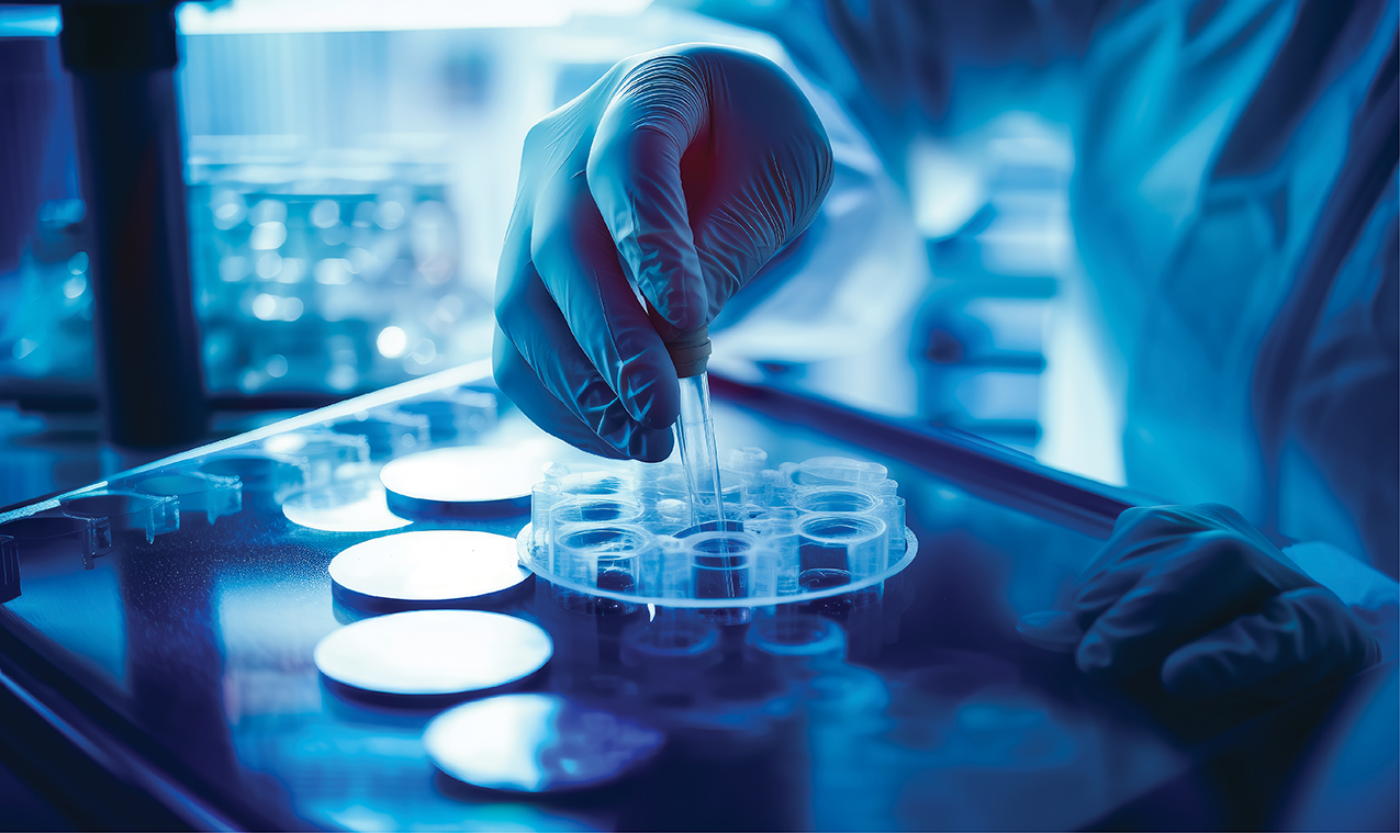 Gloved scientist pipetting into petri dishes under blue laboratory lighting