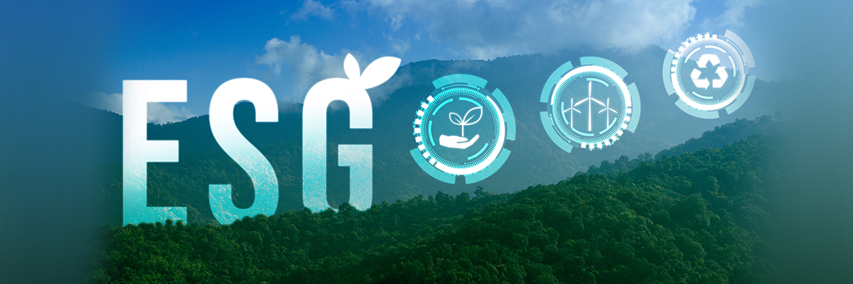 ESG letters with environmental icons over a forest landscape, representing Aragen's sustainability commitments