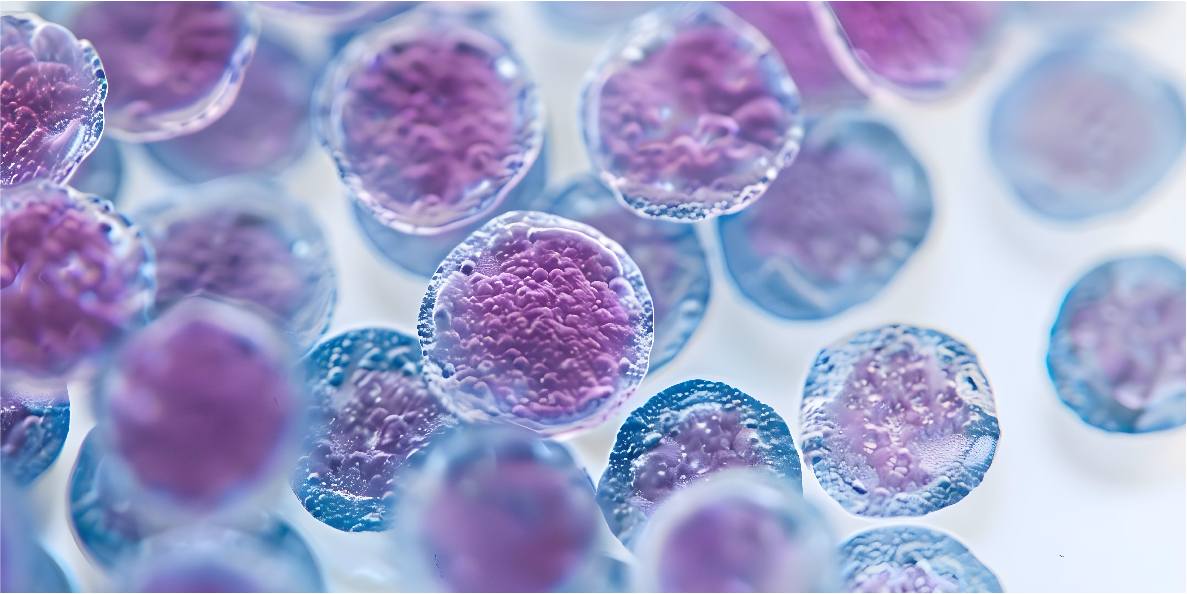 Micrograph of purple and blue stained cells, representing reporter cell lines for immuno-oncology