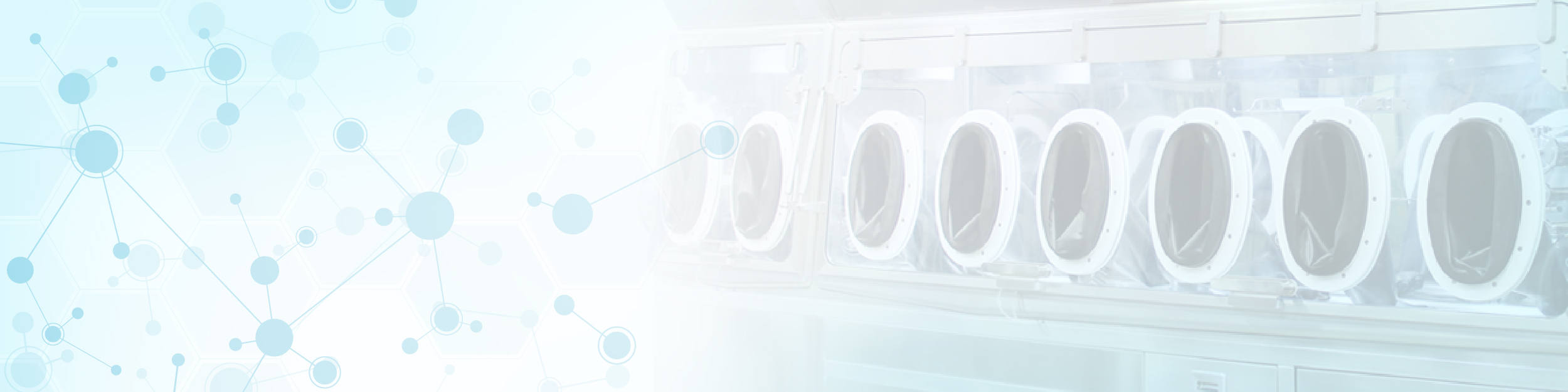 Row of glovebox isolator ports with molecular network overlay, HPAPI development webinar banner