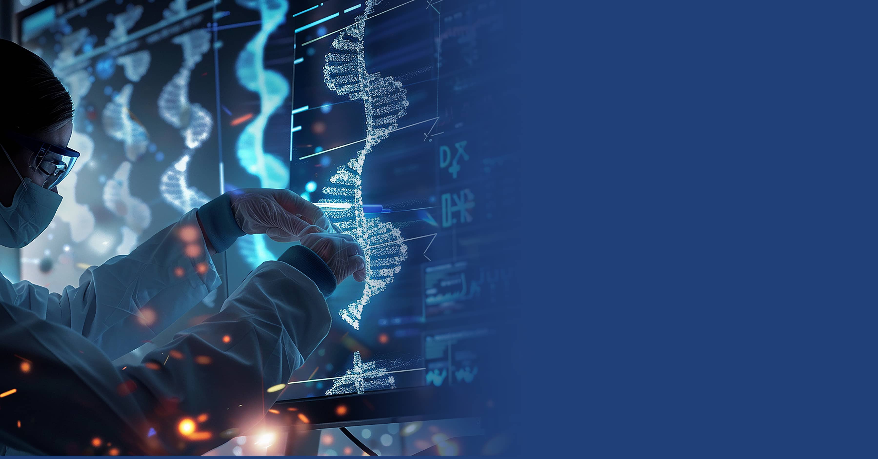 Scientist at a computer with DNA and molecular structure overlays, representing computer-aided drug design