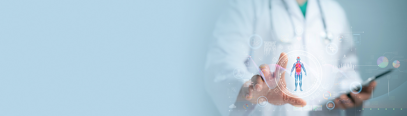 Doctor holding a holographic human figure, advanced in vivo efficacy models webinar banner