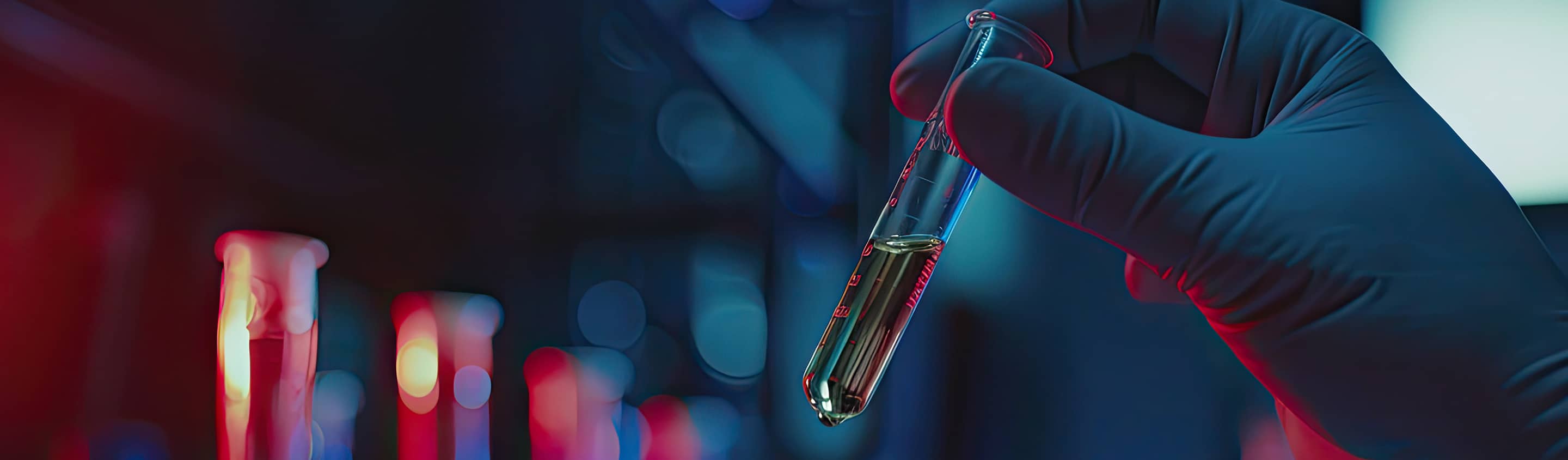 Gloved hand holding a test tube of green liquid under coloured laboratory lighting