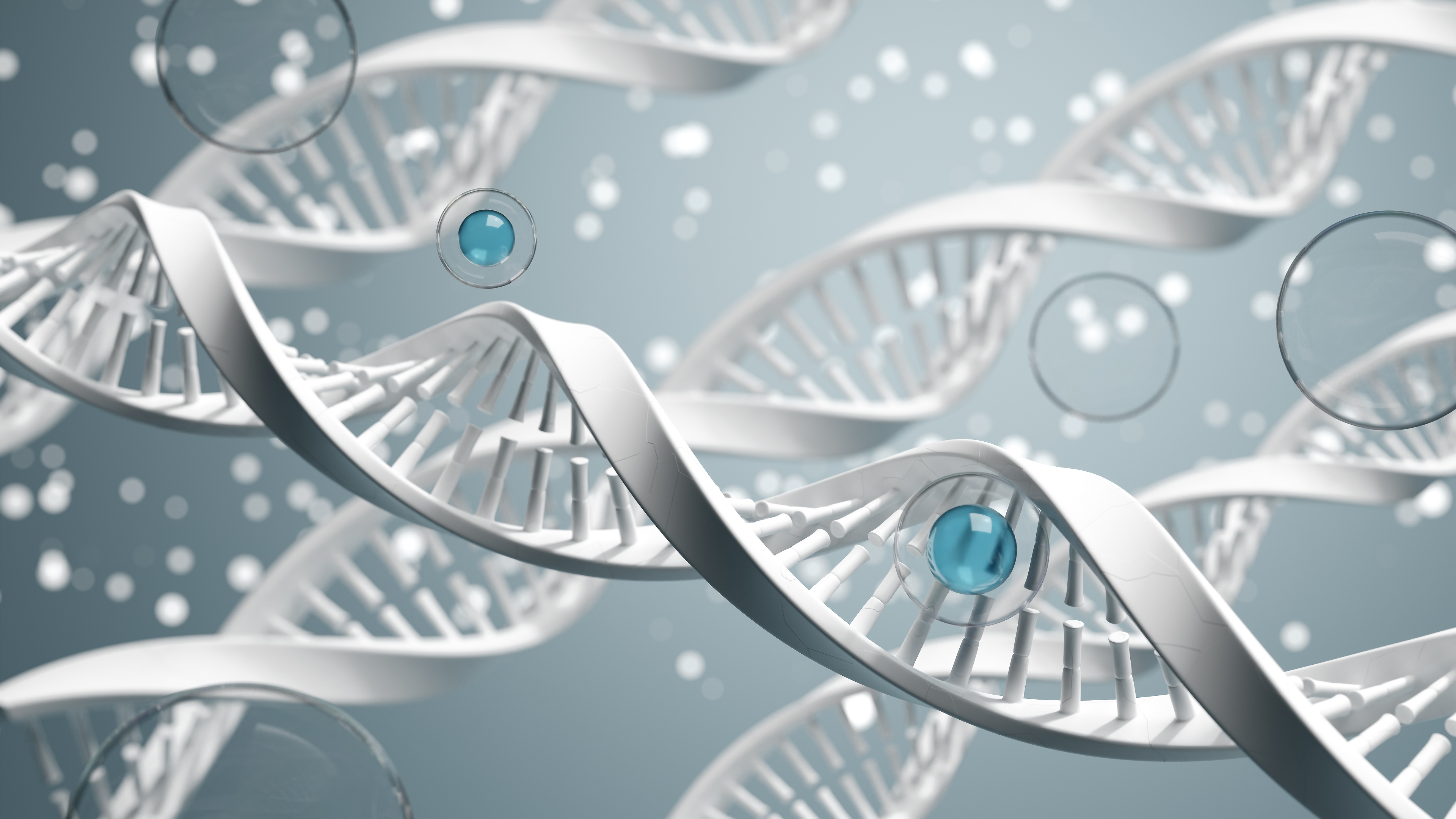 3D render of DNA double helices in silver with blue spheres, representing protein and RNA therapeutics
