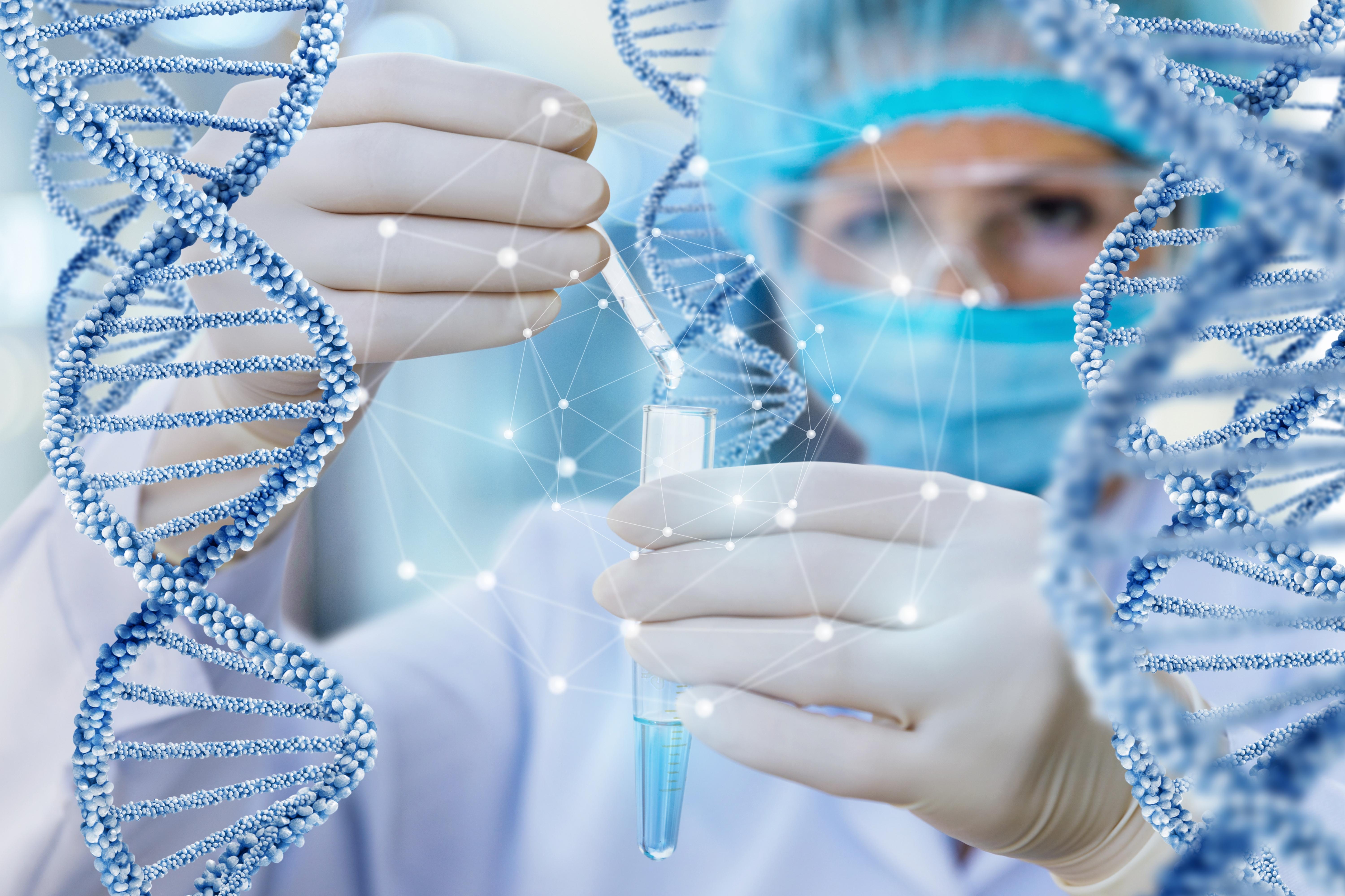 Scientist in gloves holding a test tube with DNA helix graphics overlaid, representing protein degraders