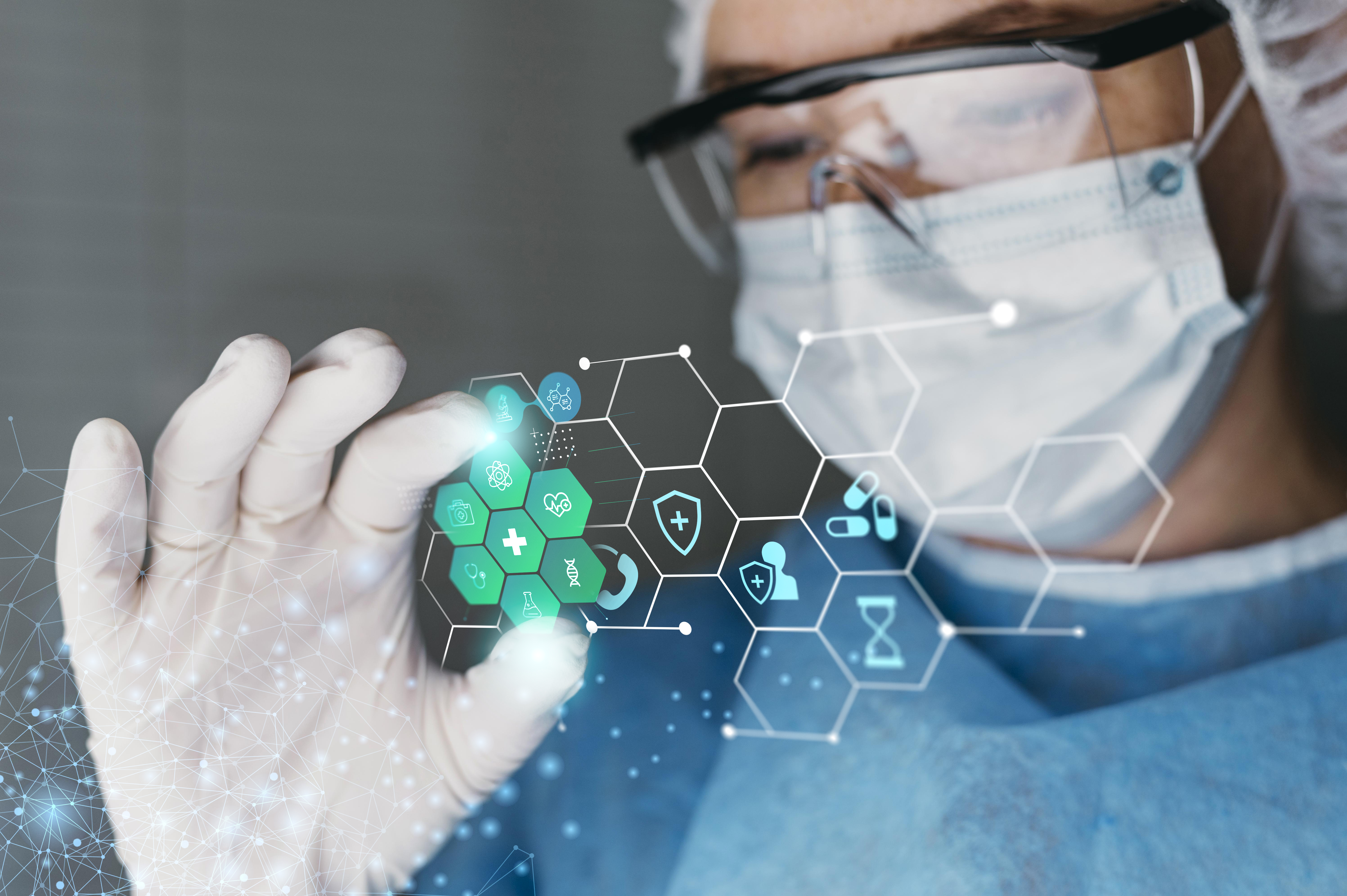 Scientist in mask and goggles touching holographic medical icons, RNA inhibitor case study banner