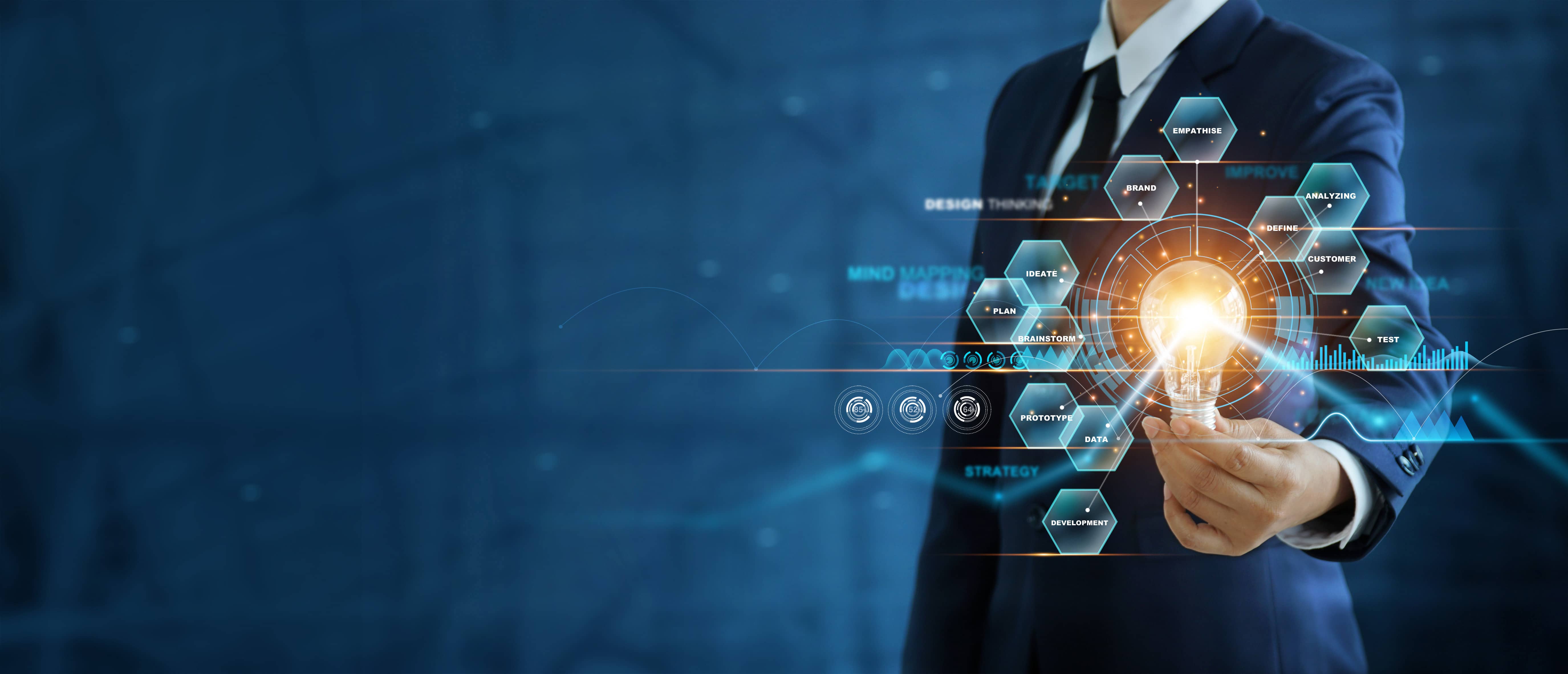 Businessperson touching a glowing light bulb surrounded by data science and AI icons