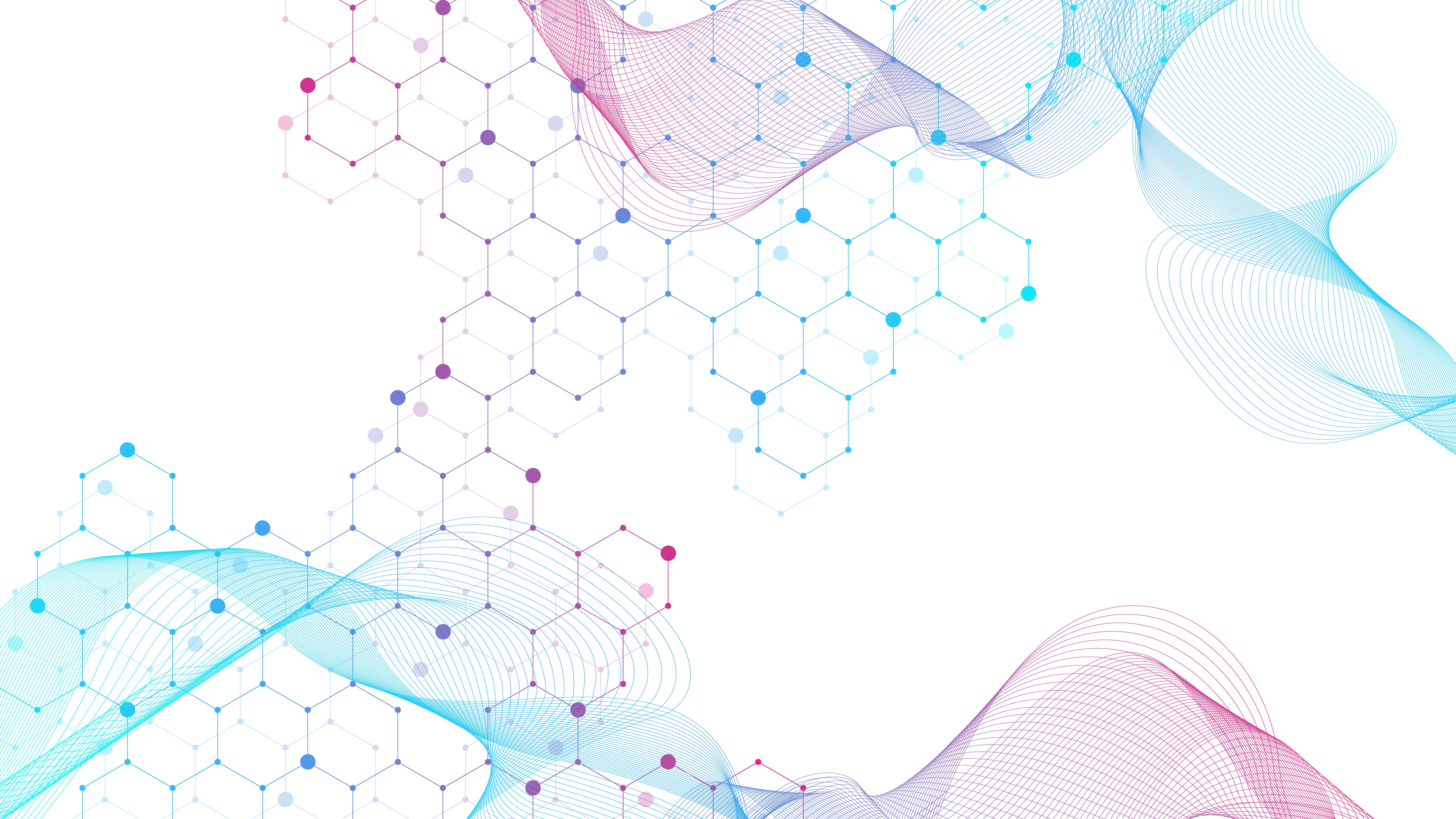 Abstract hexagonal network and wave pattern in blue and pink, representing Aragen's in-house knowledge base