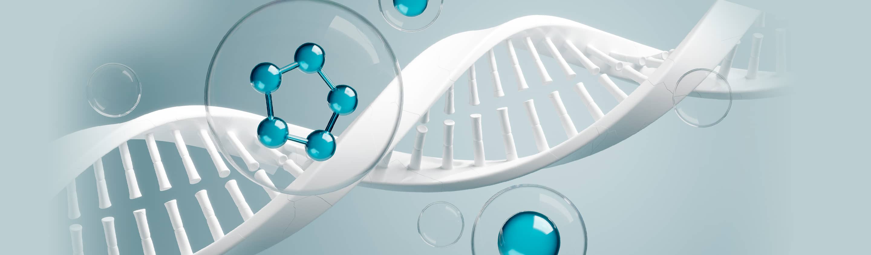 3D render of a DNA helix with a molecular structure, representing target identification and validation