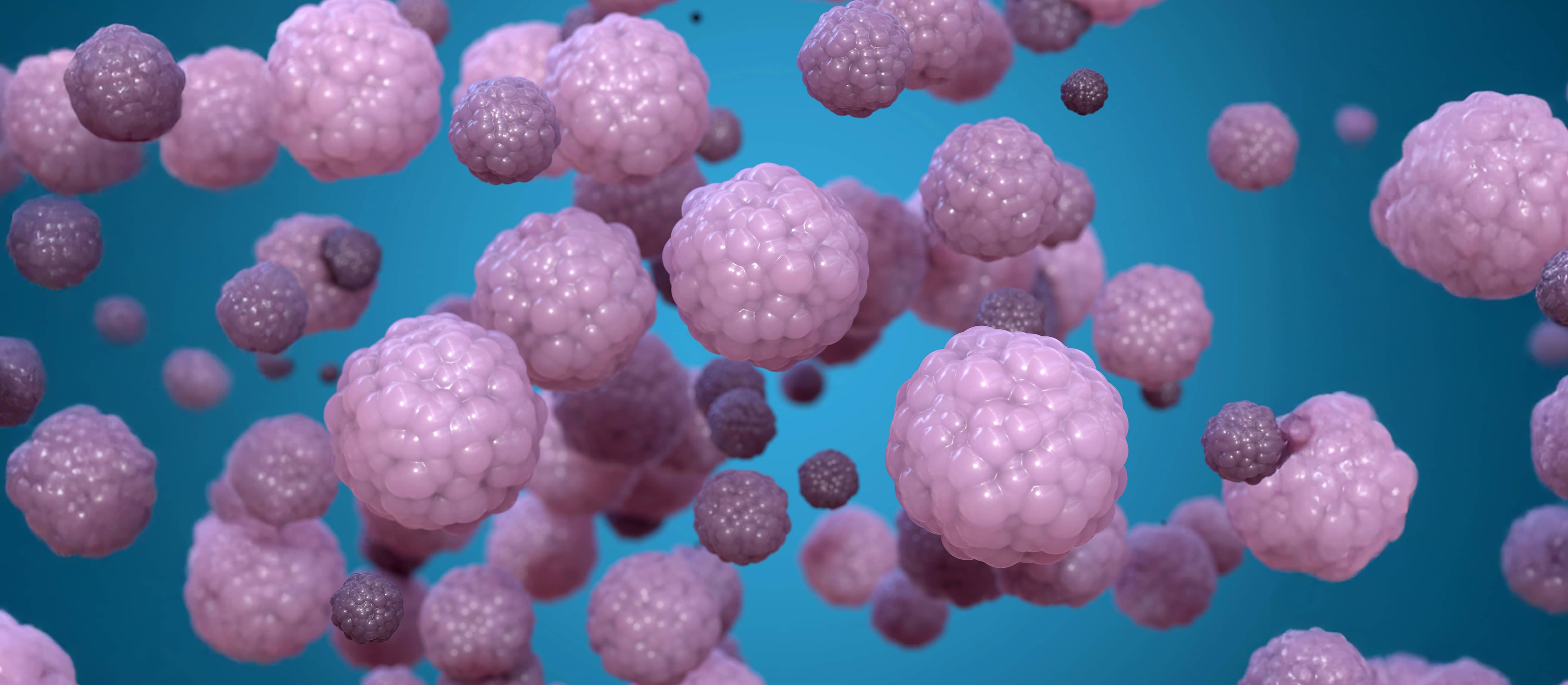 3D illustration of pink tumor cells on a blue background, small molecule inhibitor optimization case study banner