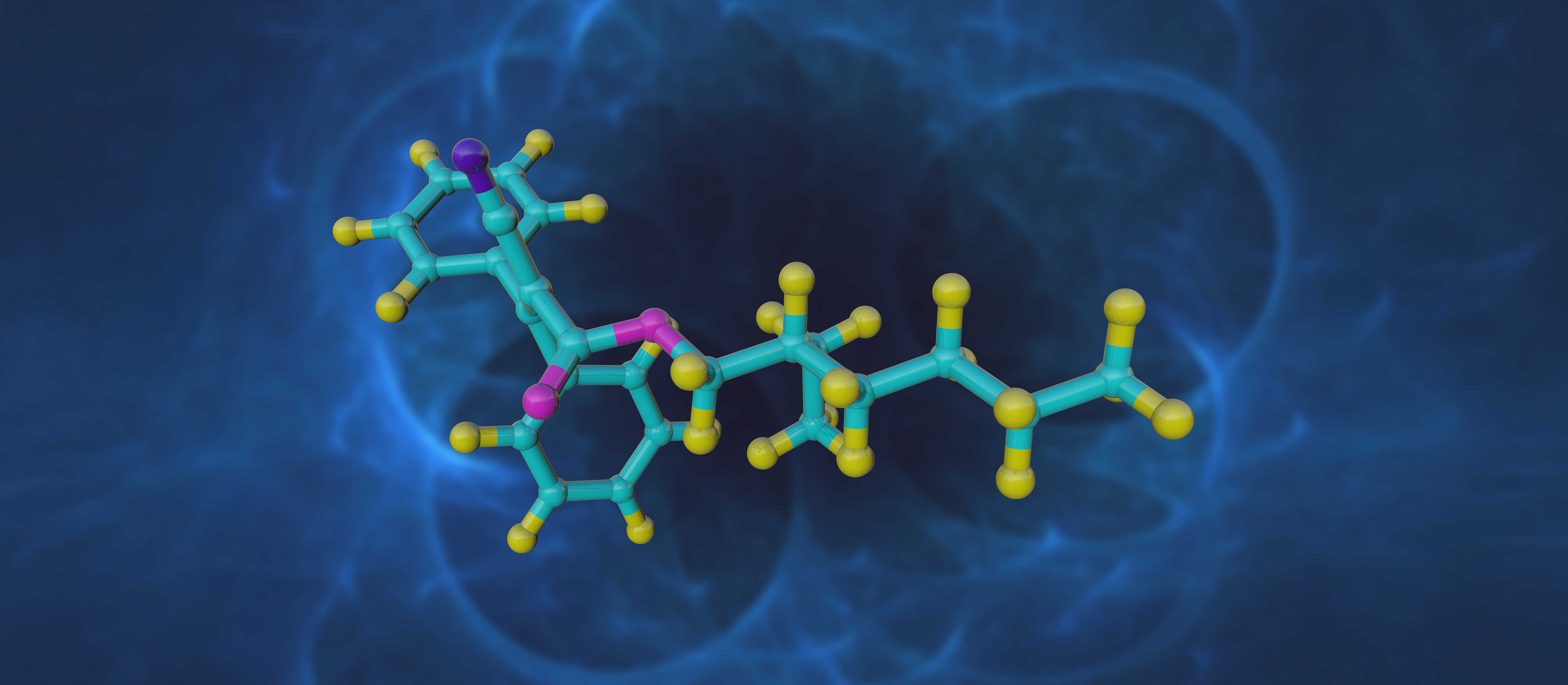 3D ball-and-stick model of a peptide molecule on a dark blue background, green peptide synthesis banner