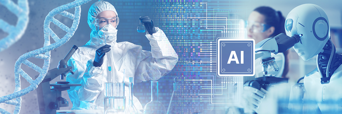 Scientist in protective suit beside a DNA helix and a robot with an AI icon, Digital & AI (DnA) banner