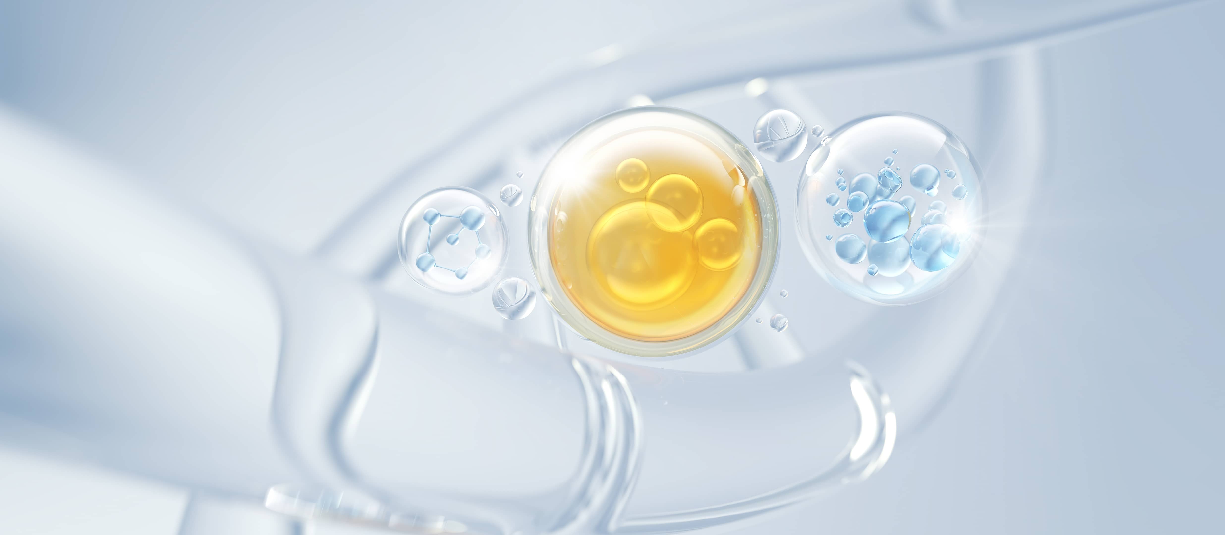 Abstract render of a golden molecule inside a translucent bubble, SPR-based RNA screening banner