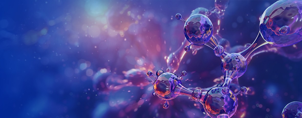 Abstract 3D render of molecules in a blue and purple scientific background