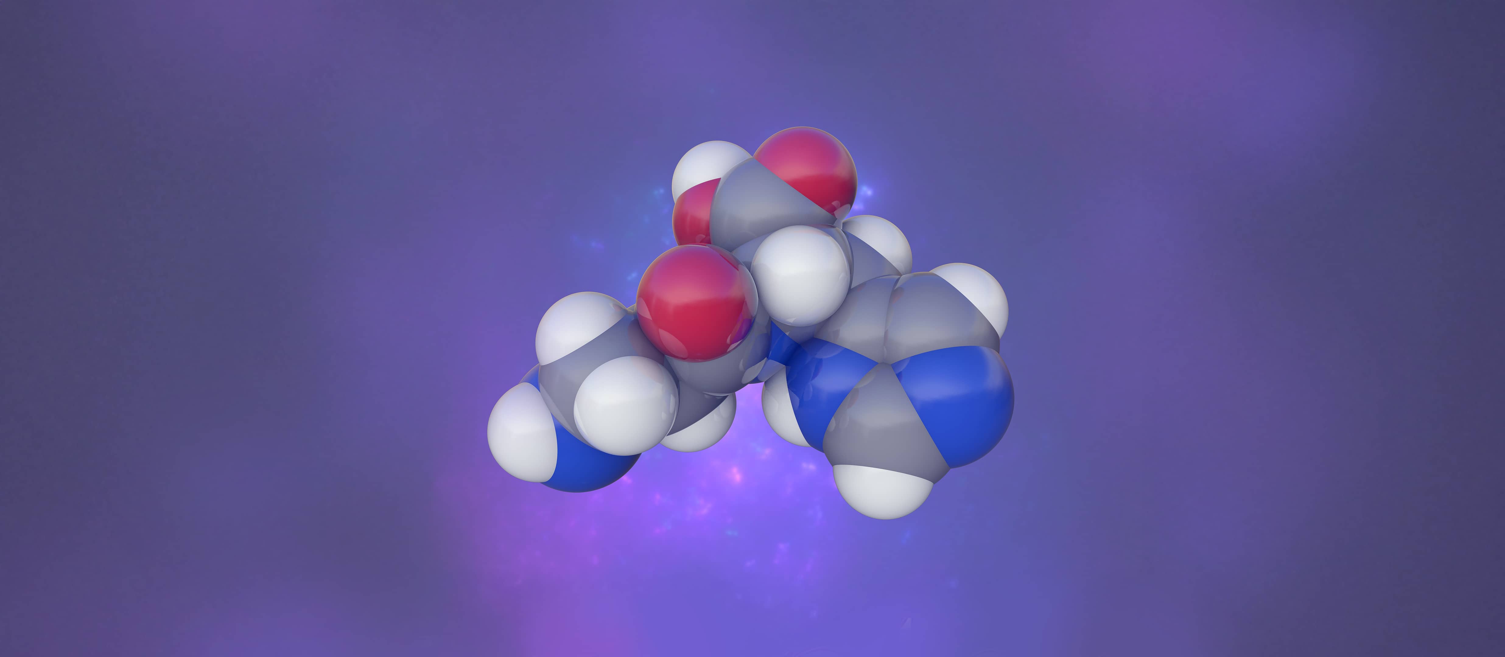 3D space-filling model of a pseudoproline dipeptide molecule on a purple background